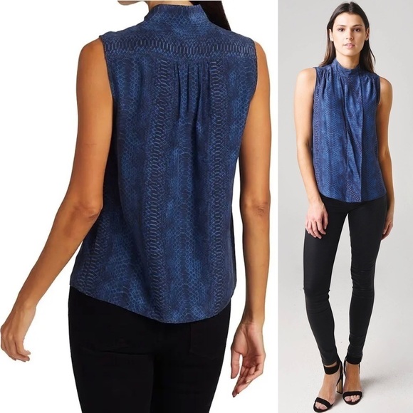 NWT FRAME Silk Snake Print High Neck Draped Cravat Collar Sleeveless Blouse XL - Picture 4 of 10